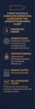 Infografika Durex Perfect Feel: bezlateksowe, ultracienkie prezerwatywy nitrylowe. Granatowe tło, złote ikony, tekst.