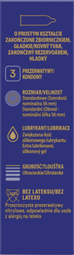 Grafika Durex Perfect Feel opisująca cechy prezerwatyw nielateksowych: ultracienkie, standard 56mm, 3 szt.