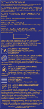 Durex Perfect Feel nielateksowe ultracienkie prezerwatywy, 16 sztuk, rozmiar 56mm, detale opakowania na niebieskim tle.