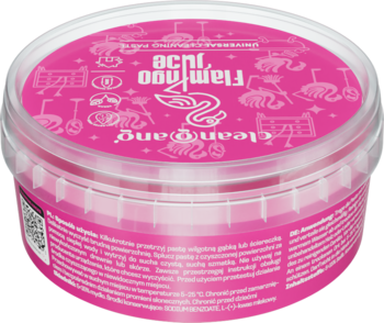 Różowa uniwersalna pasta czyszcząca Flamingo Julce Clean@gang w okrągłym pojemniku, widok z góry.