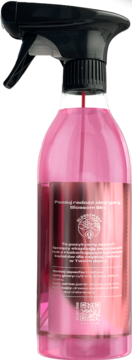 Różowy płyn do okien i luster Blossom Sky w butelce ze spryskiwaczem, tył z etykietą, wegański.
