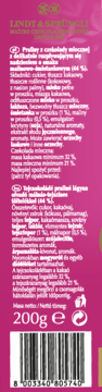 Tył różowego opakowania Lindt malinowo-śmietankowych pralin mlecznych 200g, z listą składników i kodem.