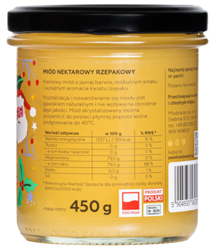 Tył słoika kremowego miodu rzepakowego 450g Ho ho ho! Żółta etykieta z danymi produktu i grafiką.