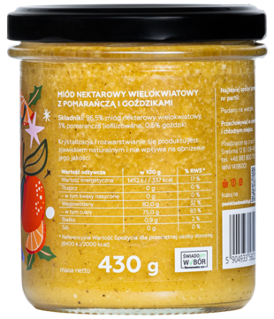 Tył słoika świątecznego miodu z pomarańczą i goździkami 430g. Etykieta z tabelą wartości odżywczych.