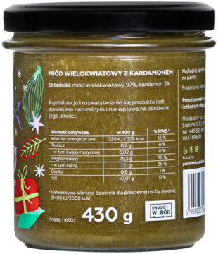 Tył słoika miodu wielokwiatowego z kardamonem, świąteczna zielona etykieta z danymi odżywczymi, 430g.