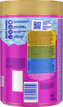 Tył różowego Vanish Oxi Action odplamiacz do prania, z kodem QR i kreskowym. Usuwa plamy i zapachy.