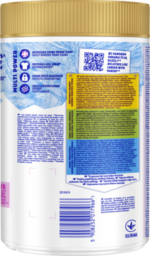 Tył opakowania Vanish Oxi Action Crystal White, odplamiacz w proszku do białego, z kodem QR.