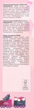 Tył opakowań ISANA z listami składników: Koncentrat AHA, Toner Anti-Ox, Maska ceramidowa, na różowym tle.