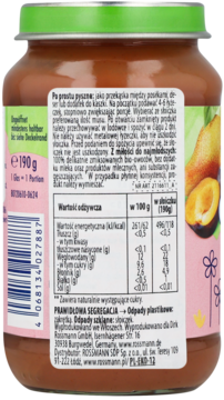 Tył słoiczka z musem owocowym Rossmann 190g, widoczna etykieta z tabelą wartości odżywczych.