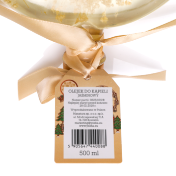 Olejek do kąpieli jaśminowy Yesha 500 ml, zbliżenie na świąteczną etykietę z kodem kreskowym i wstążką.