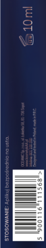 Tył ciemnoniebieskiego opakowania tintu do ust AA z kodem kreskowym, instrukcją i 10ml, wyprodukowano w PRC.