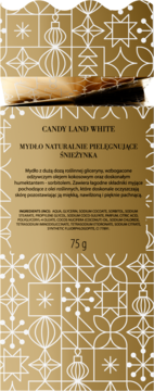 Złote opakowanie mydła Candy Land White Śnieżynka z białymi świątecznymi wzorami i 75g. Widok przodu.