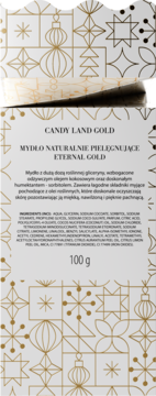 Tył opakowania mydła Candy Land Gold Eternal Gold, z listą składników, opisem i wagą 100g, ozdobione złotymi ornamentami.