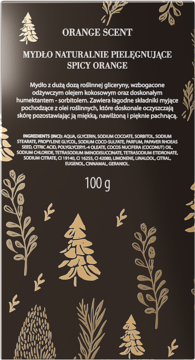 Tył opakowania mydła naturalnego Spicy Orange 100g. Ciemnobrązowe ze złotymi zimowymi ilustracjami drzew i gałązek oraz białymi napisami.