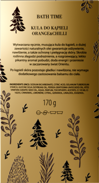 Tył złotego opakowania kuli do kąpieli Orange&Chilli 170g z detalami składu i opisem produktu.