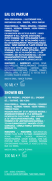 Tył opakowania zestawu Adidas Vibes Energy Drive: woda perfumowana 50ml, żel 100ml, składniki i recykling na gradientowym tle.