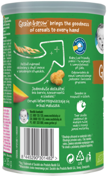 Tył zielonej, cylindrycznej puszki Gerber Organic Chrupki kukurydziano-owsiane Mango, Banan, widoczny kod kreskowy.