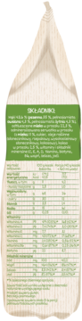 Zielono-beżowy tył opakowania kaszki mleczno-zbożowej BoboVita Kakao, ze składem i tabelą odżywczą.