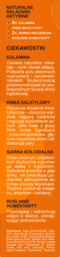 Różowy killer niedoskonałości, bok opakowania z białą listą składników i ich opisem działania.