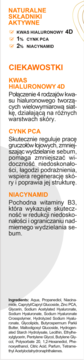 Tył opakowania kremu w piance z aktywnymi składnikami: kwas hialuronowy 4D, cynk PCA, niacynamid i pełny skład INCI.
