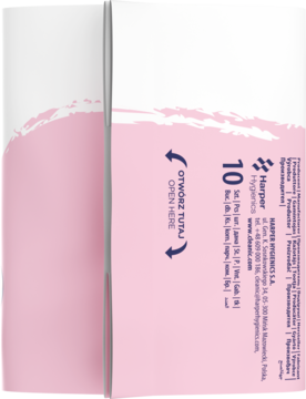 Bok białego opakowania podpasek probiotycznych Harper Hygienics z różowym wzorem, napisem '10' i 'OTWÓRZ TUTAJ'.