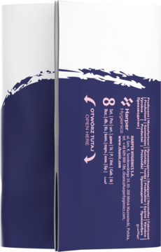 Bok granatowego opakowania podpasek probiotycznych ze skrzydełkami Harper Hygienics, widoczny napis 'Otwórz tutaj'.