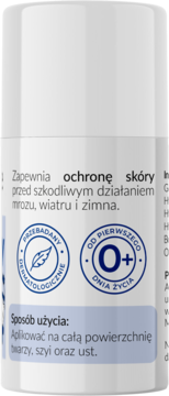 Tył białego sztyftu MomMe, ochrona od mrozu, z napisem "od 1. dnia życia". Widoczna instrukcja aplikacji na twarz.