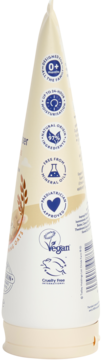 Bok tubki balsamu Childs Farm OatDerma: certyfikaty 0+, 97% naturalny, bez olejów mineralnych, wegański, cruelty-free.