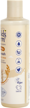 Childs Farm OatDerma body wash, beżowa butelka z owsem dla suchej i swędzącej skóry, widok z boku.