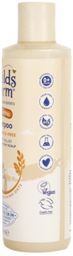 Childs Farm OatDerma szampon do suchej, swędzącej skóry głowy, beżowa butelka, widok z przodu, ikony 0+, vegan.