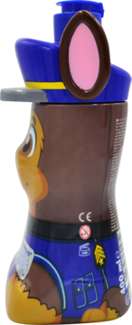3w1 żel, szampon, odżywka Paw Patrol Chase 400 ml, brązowa butelka w kształcie psa z czapką policjanta, widok z boku.