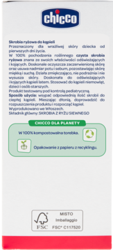 Tył białego opakowania Chicco Skrobia Ryżowa do kąpieli z polskim opisem składu, użycia i certyfikatów FSC.