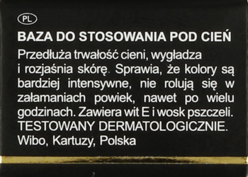Baza pod cień Wibo, tył czarnego opakowania, biały tekst, opis działania i ’TESTOWANY DERMATOLOGICZNIE’.