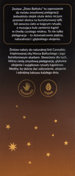 Informacyjny panel o Zestawie Złoto Bałtyku Cannabio: opis działania, logo handmade i vegan, na ciemnym tle.