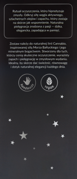 Opis Cannabio Bałtycki zestaw z węglem aktywnym na ciemnym tle, z ikonami handmade, vegan i gwiazdami.