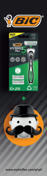 BIC Hybrid 5 Flex Sensitive: 5-ostrzowa maszynka do golenia w zielonym opakowaniu z 2 wkładami i postacią z wąsem.