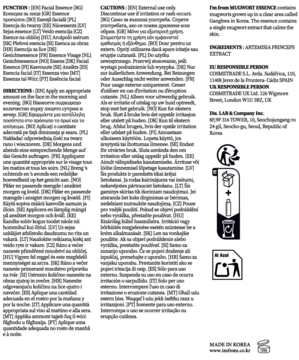 Ulotka informacyjna I'm From Mugwort Essence z instrukcjami, składnikami, symbolami recyklingu. Czarny tekst na białym tle.