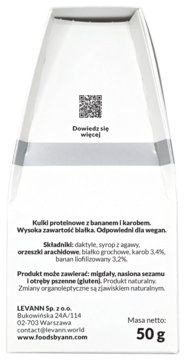 Tylna strona białego kartonowego pudełka proteinowych kulek z bananem i karobem, widoczna lista składników i waga 50g.