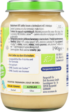 Tył słoiczka z przecierem jabłkowo-bananowym dla niemowląt, zielona etykieta ze składem, bez dodatku cukru.