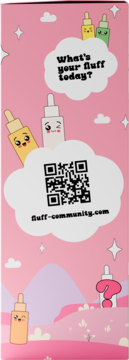 Różowe opakowanie Fluff z uroczymi butelkami z zakraplaczem, QR kodem i napisem fluff-community.com.