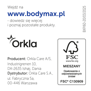 Tył opakowania Bodymax Plus, suplement diety, z danymi producenta, dystrybutora i certyfikatem FSC.