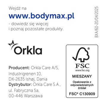 Bodymax Active suplement diety, biały panel z danymi producenta Orkla i certyfikatem FSC.