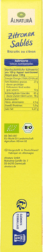 Żółte opakowanie Alnatura Cytrynowe Sablés, widok boczny z etykietą Nährwerte i certyfikatem bio.