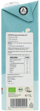 Tył jasnoniebieskiego kartonu napoju kokosowego Alnatura 1L, z tabelą wartości odżywczych i certyfikatami bio/vegan.