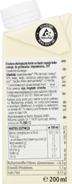 Tył opakowania Alnatura Kokos-Cuisine 200ml, roślinnej śmietany, z etykietą po polsku i danymi odżywczymi.