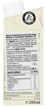 Tył opakowania Alnatura Soja-Cuisine, roślinnej śmietanki, z tabelą wartości odżywczych i listą składników. Widoczne logo Tetra Pak.