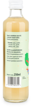 Tył butelki lemoniady z sokiem NFC z limonki 250ml. Jasnozielona etykieta z polskim tekstem o składnikach.
