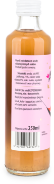 Tył butelki różanej lemoniady 250ml z różową etykietą, widoczne składniki i kod kreskowy produktu.
