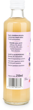 Tył szklanej butelki Polska Róża, lemoniada z kwiatu bzu i sokiem NFC 250ml. Fioletowa etykieta z kodem kreskowym.