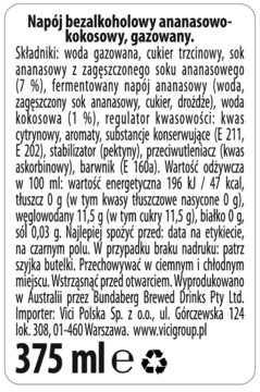 Tył etykiety gazowanego napoju ananasowo-kokosowego z listą składników i wartościami odżywczymi.